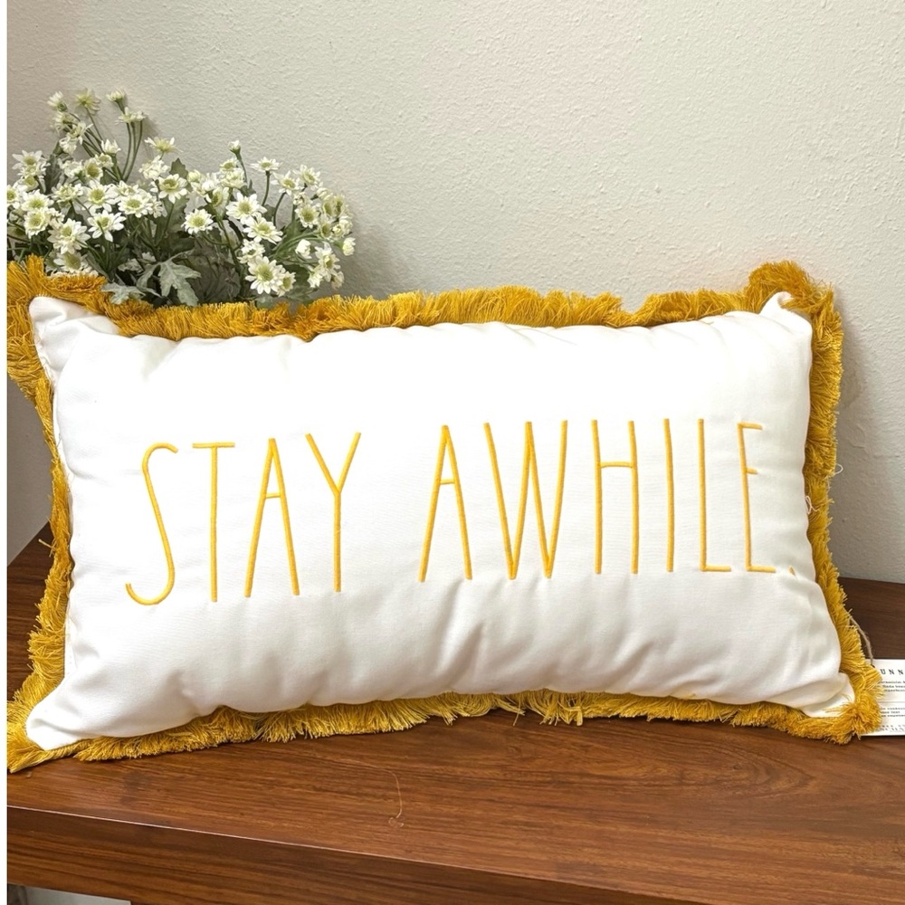 VHTF | RAE DUNN *STAY AWHILE*  LONG FRINGE THROW PILLOW WHITE GOLD EMBROIDERED